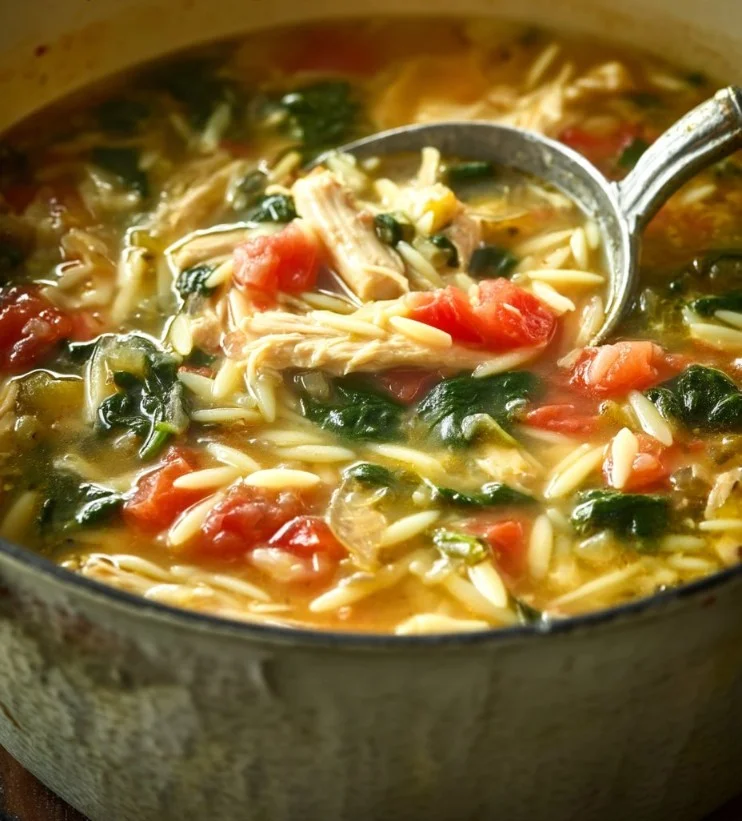 A bowl of Lemon Chicken Orzo Soup garnished with fresh herbs and lemon slices.