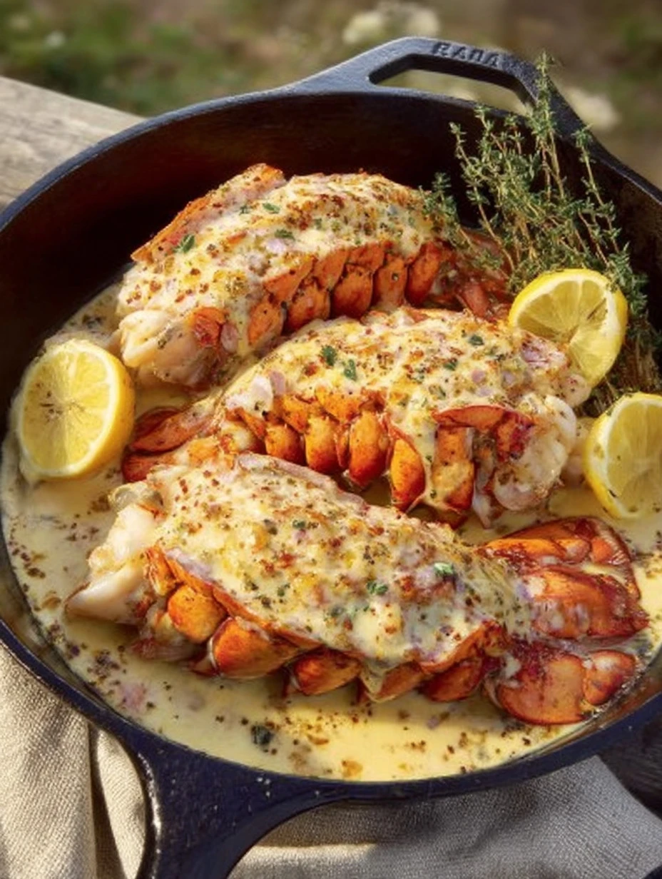 Lemon garlic lobster tails dish garnished with parsley on a white plate