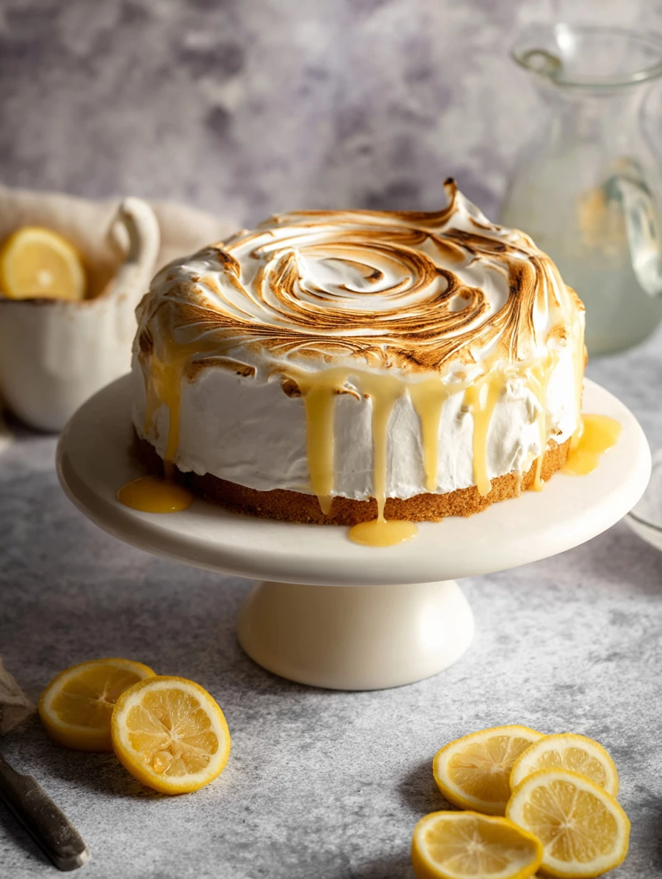 Delicious lemon meringue cheesecake topped with fresh lemon curd