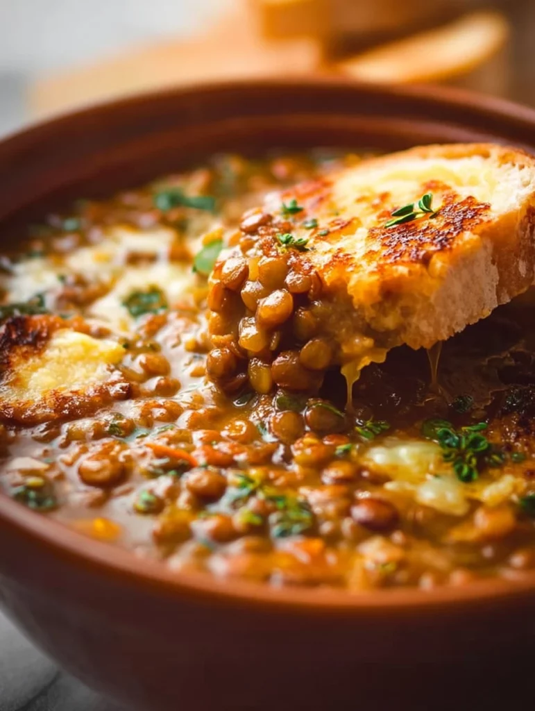 Bowl of hearty lentil soup garnished with herbs and vegetables