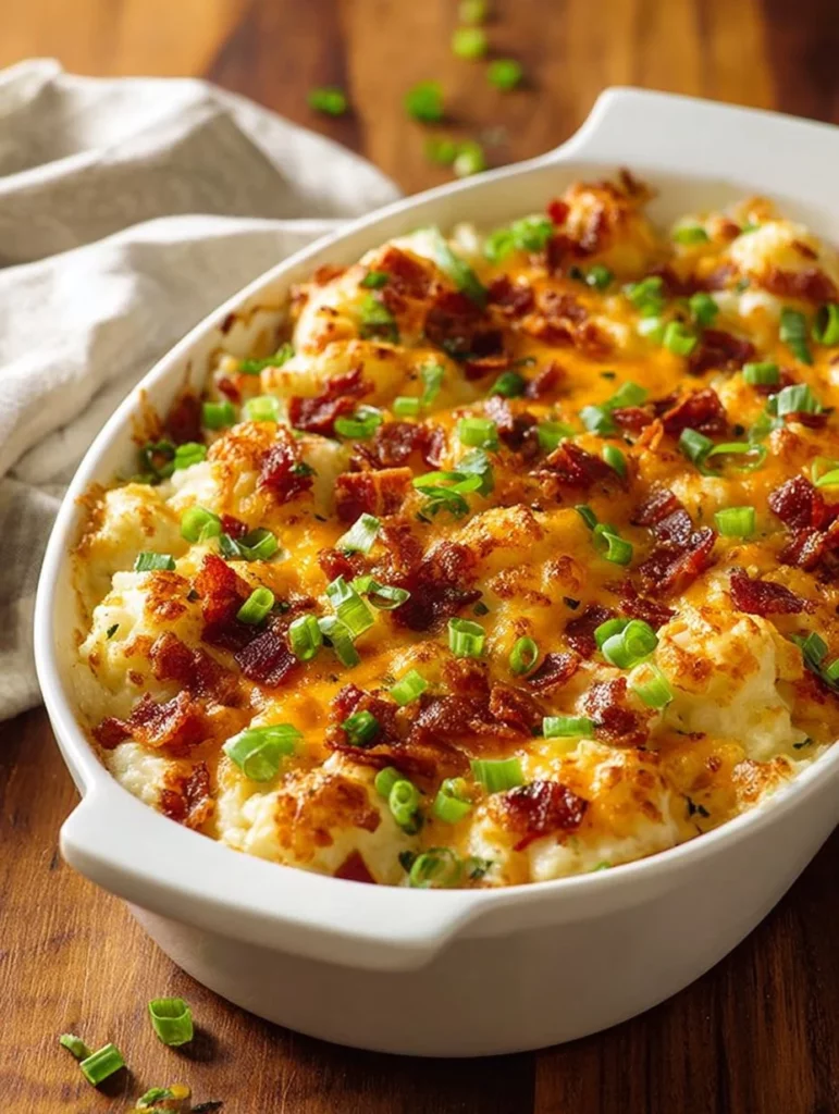 Loaded cauliflower casserole with cheese and toppings baked to perfection