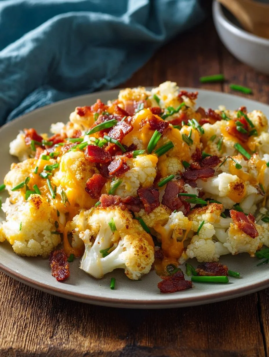Loaded Cauliflower Casserole topped with cheese and herbs in a baking dish