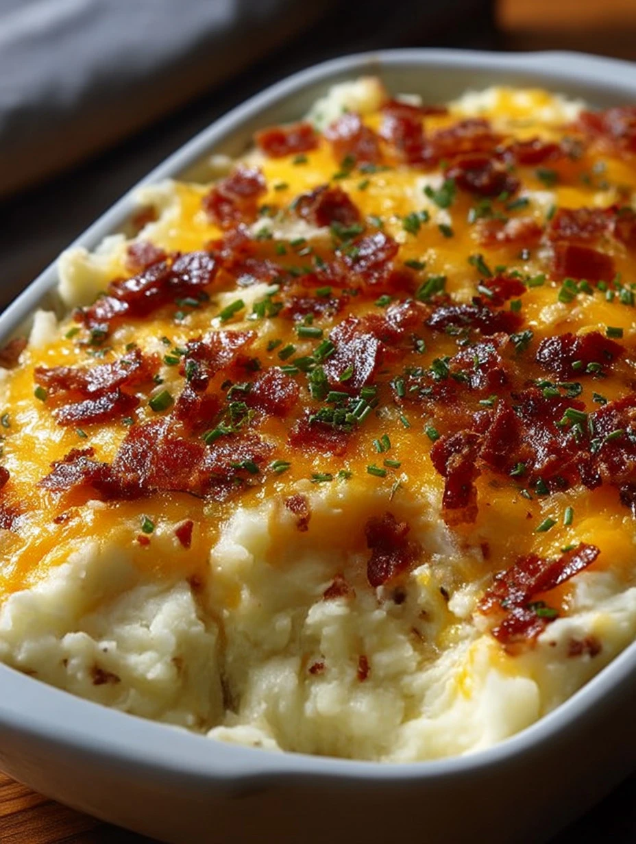 Delicious loaded mashed potato bake topped with cheese and bacon