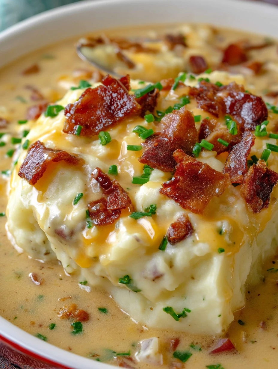 Bowl of creamy loaded potato soup topped with cheese and green onions