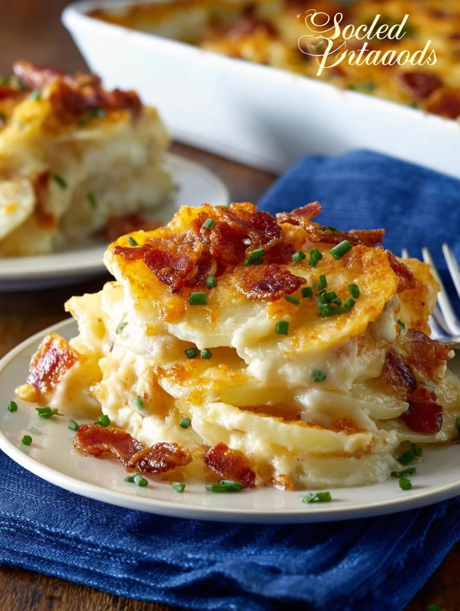 Baked loaded scalloped potatoes topped with cheese and herbs in a casserole dish