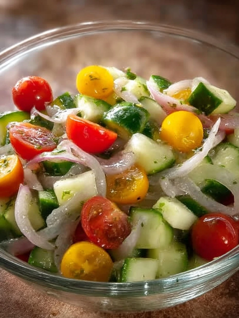 Fresh marinated cucumbers, onions, and tomatoes in a bowl.