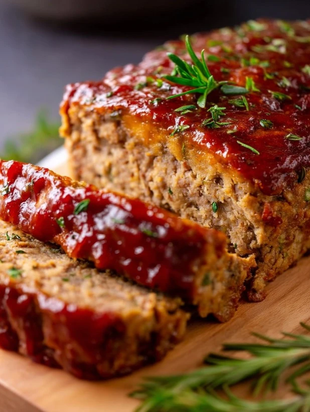 Delicious homemade meatloaf served with mashed potatoes and green beans