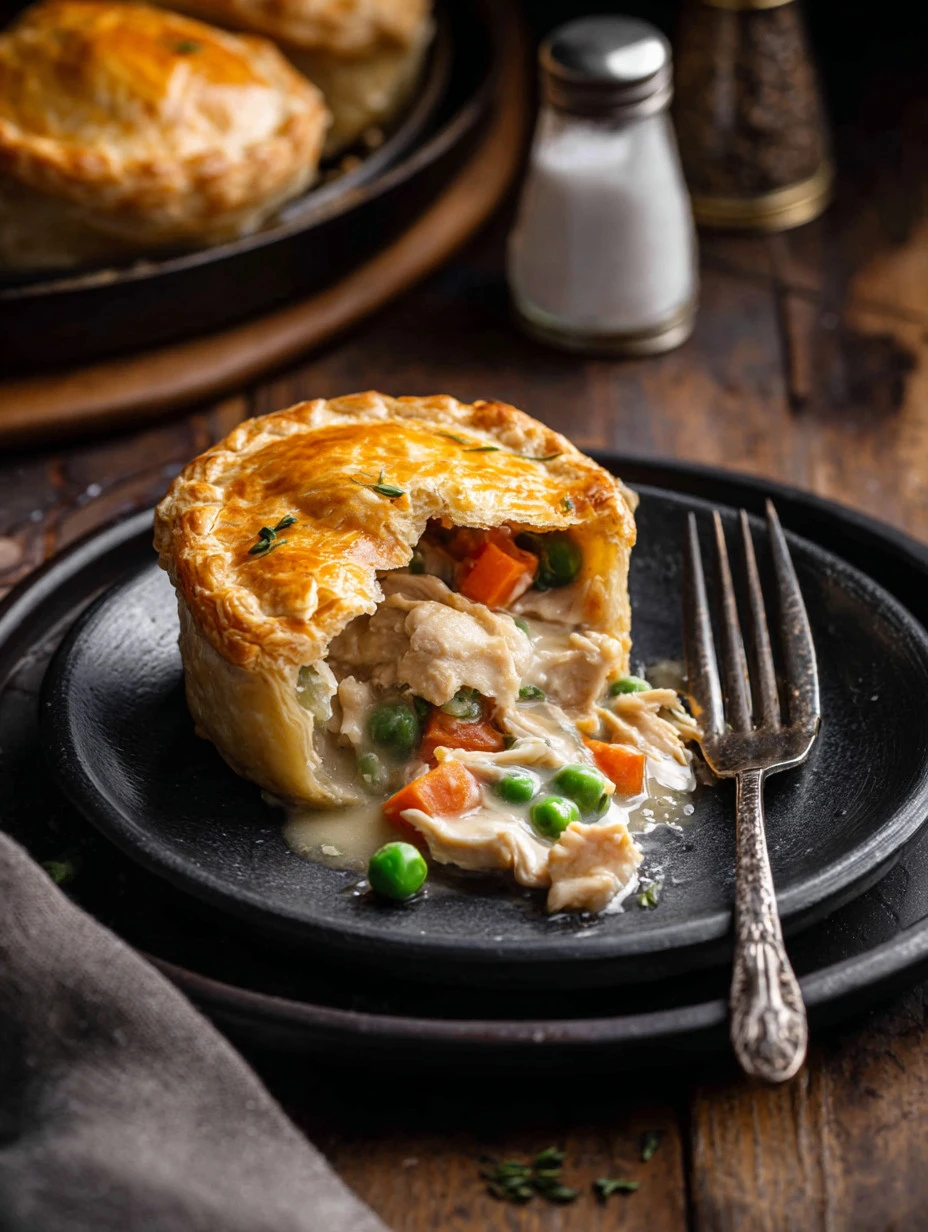 Delicious mini chicken pot pies fresh out of the oven, served in ramekins.