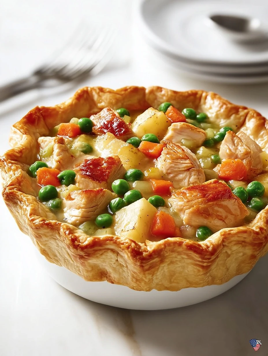 Mini chicken pot pies with bacon on a wooden table