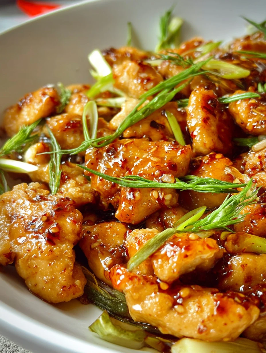 Delicious plate of Mongolian Chicken with vegetables and savory sauce