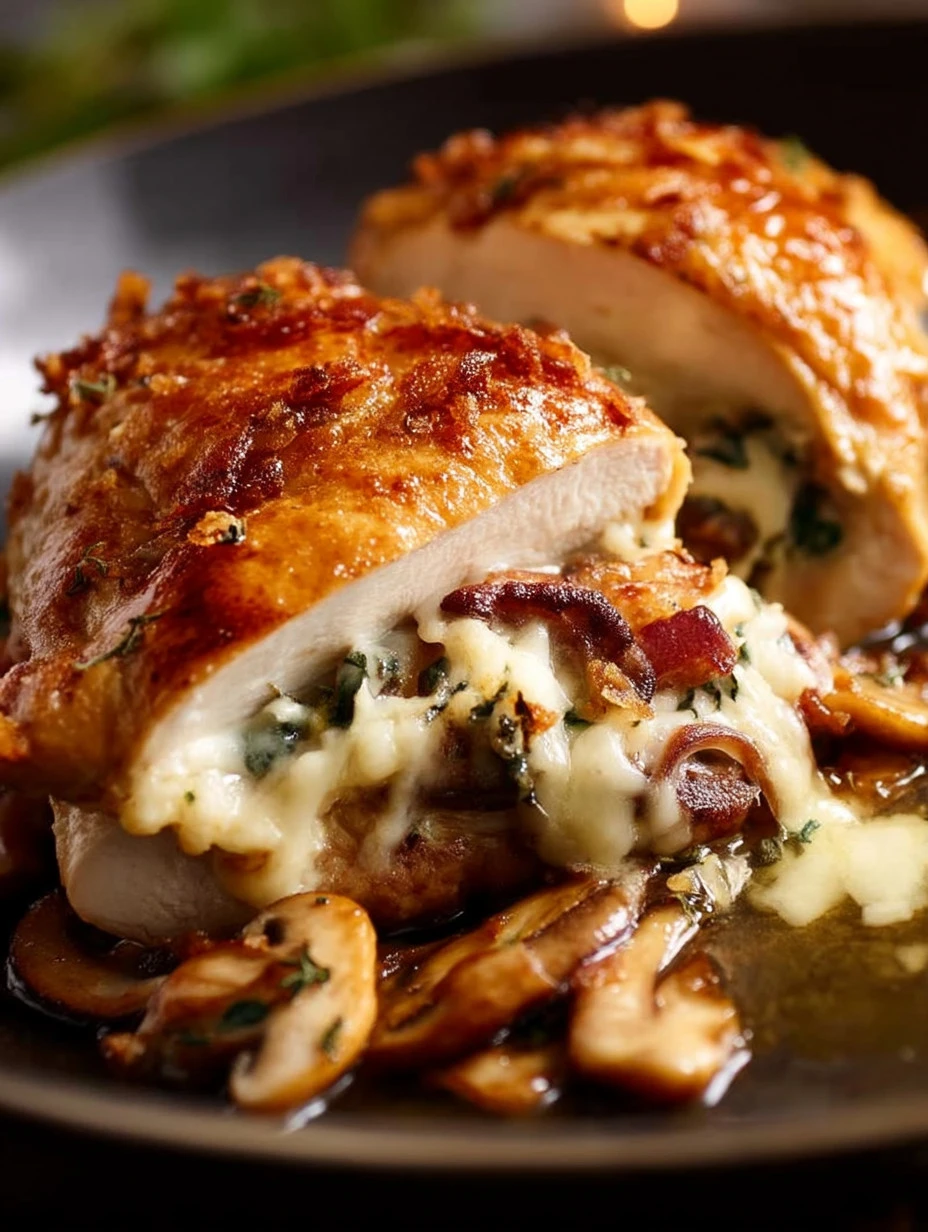 Mouthwatering mushroom stuffed chicken breast, perfectly cooked and plated.