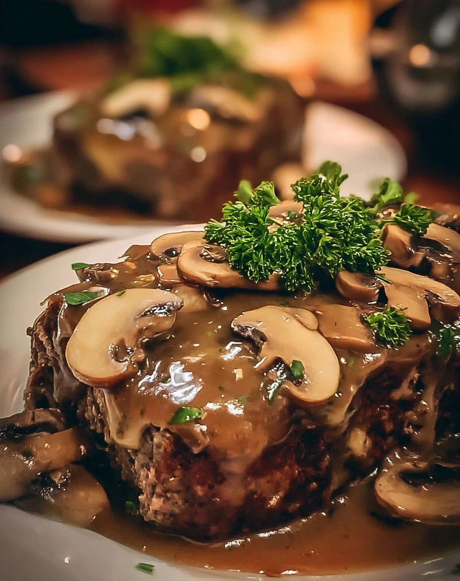 Delicious Mushroom Swiss Cheese Meatloaf served with vegetables.