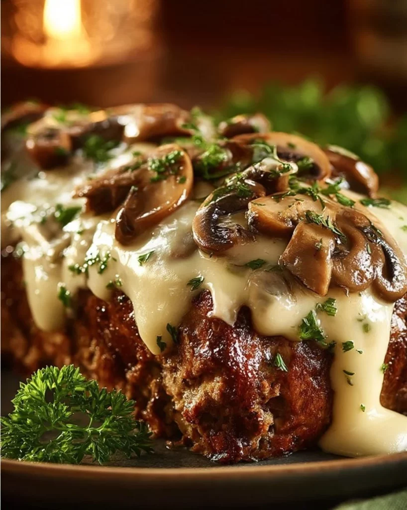 A delicious serving of Mushroom Swiss Cheese Meatloaf garnished with herbs.