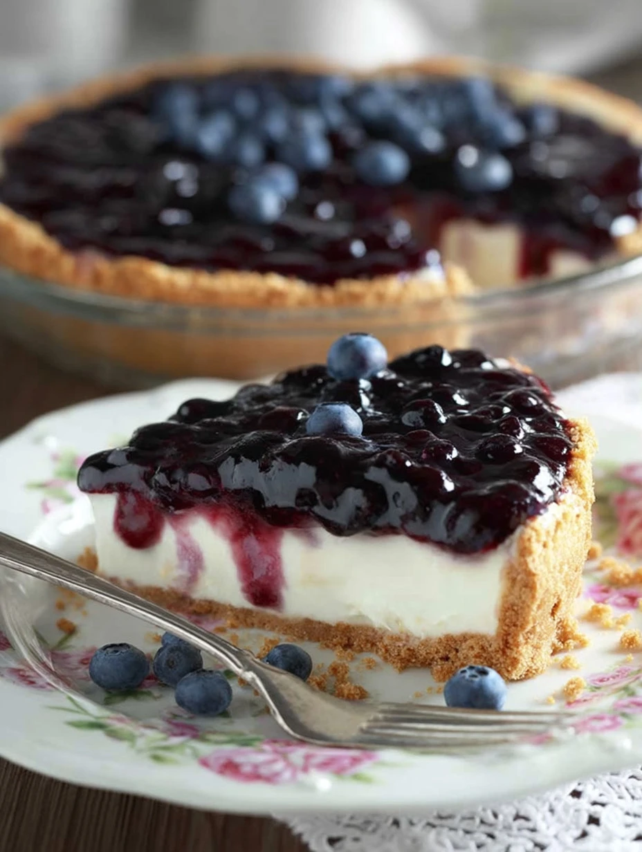 Delicious no bake blueberry cheesecake topped with fresh blueberries