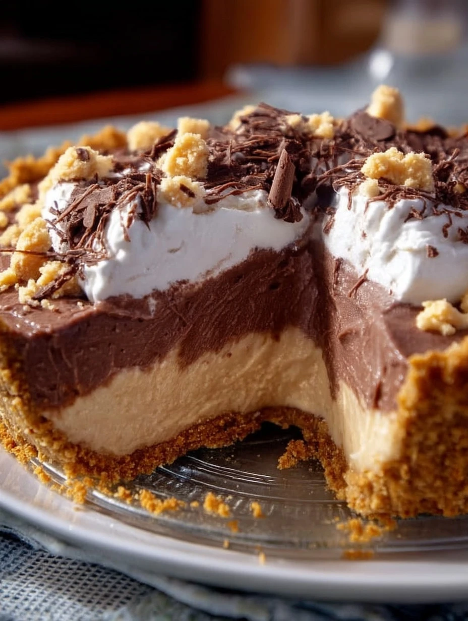 No-Bake Cream Cheese Peanut Butter Pie topped with Chocolate Whipped Cream