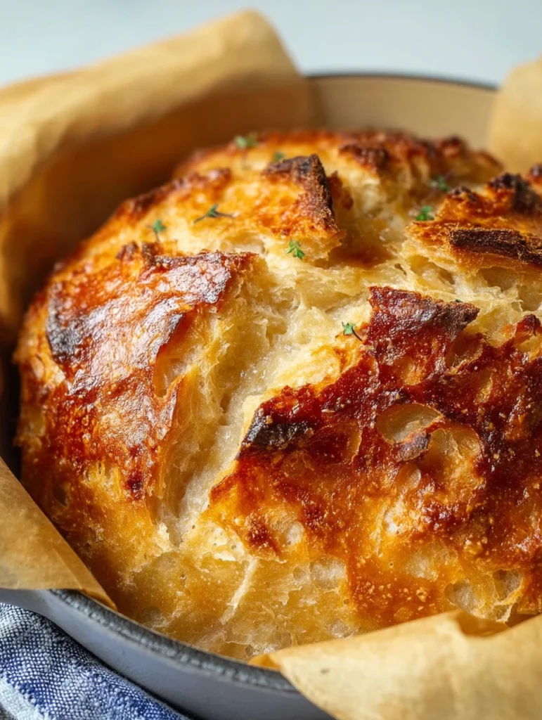 Freshly baked No Knead Bread displayed on a wooden table