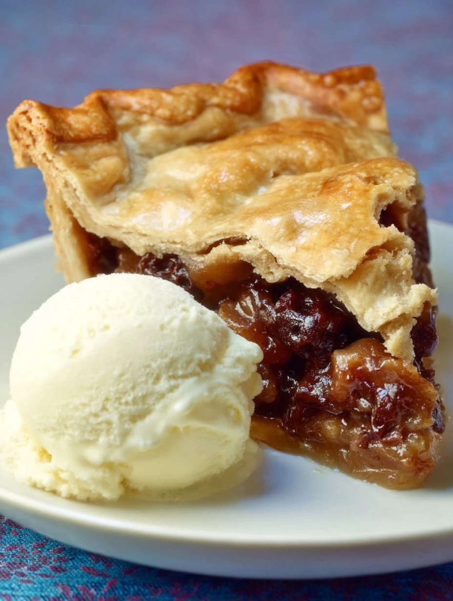A homemade Old Fashioned Raisin Pie served on a rustic wooden table.
