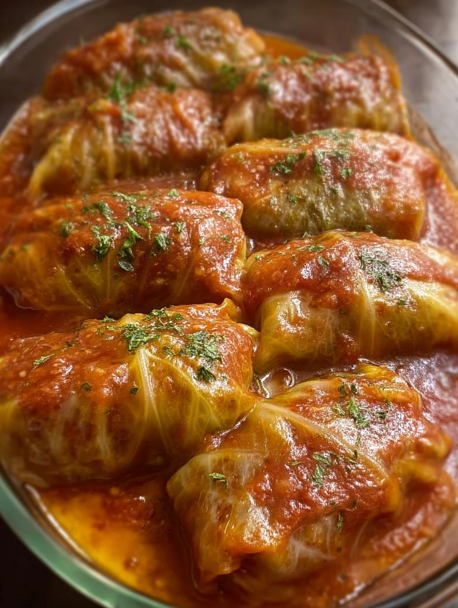 Plate of old fashioned stuffed cabbage rolls with tomato sauce
