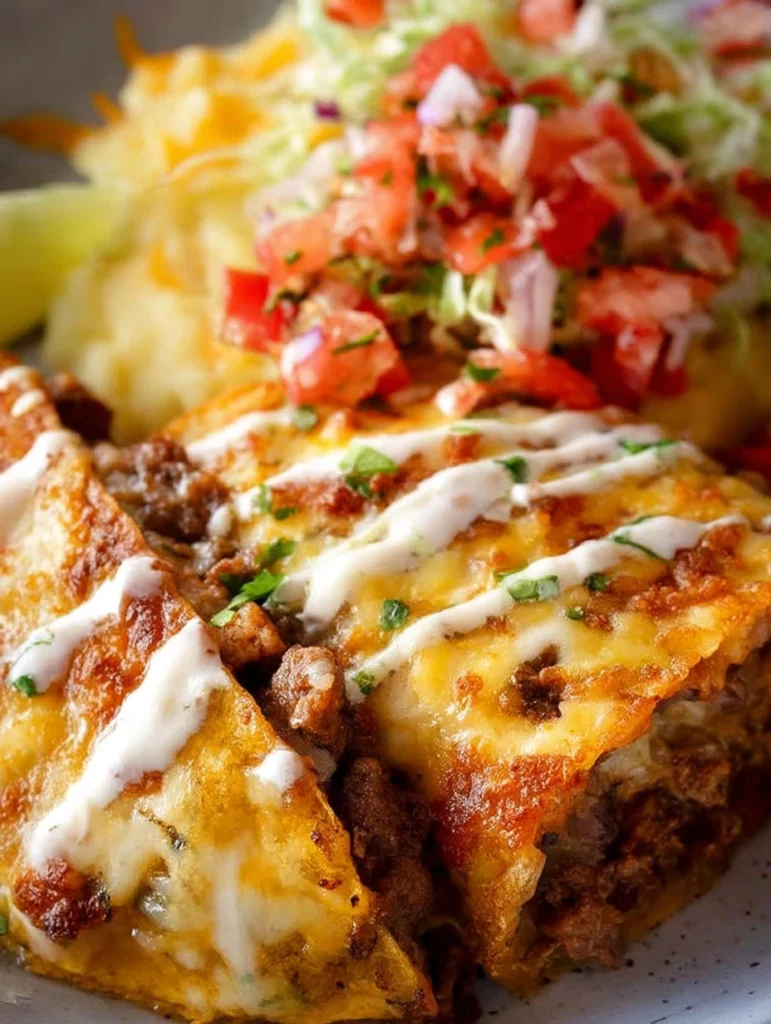 Delicious old school beef tacos ready to be served with fresh toppings.