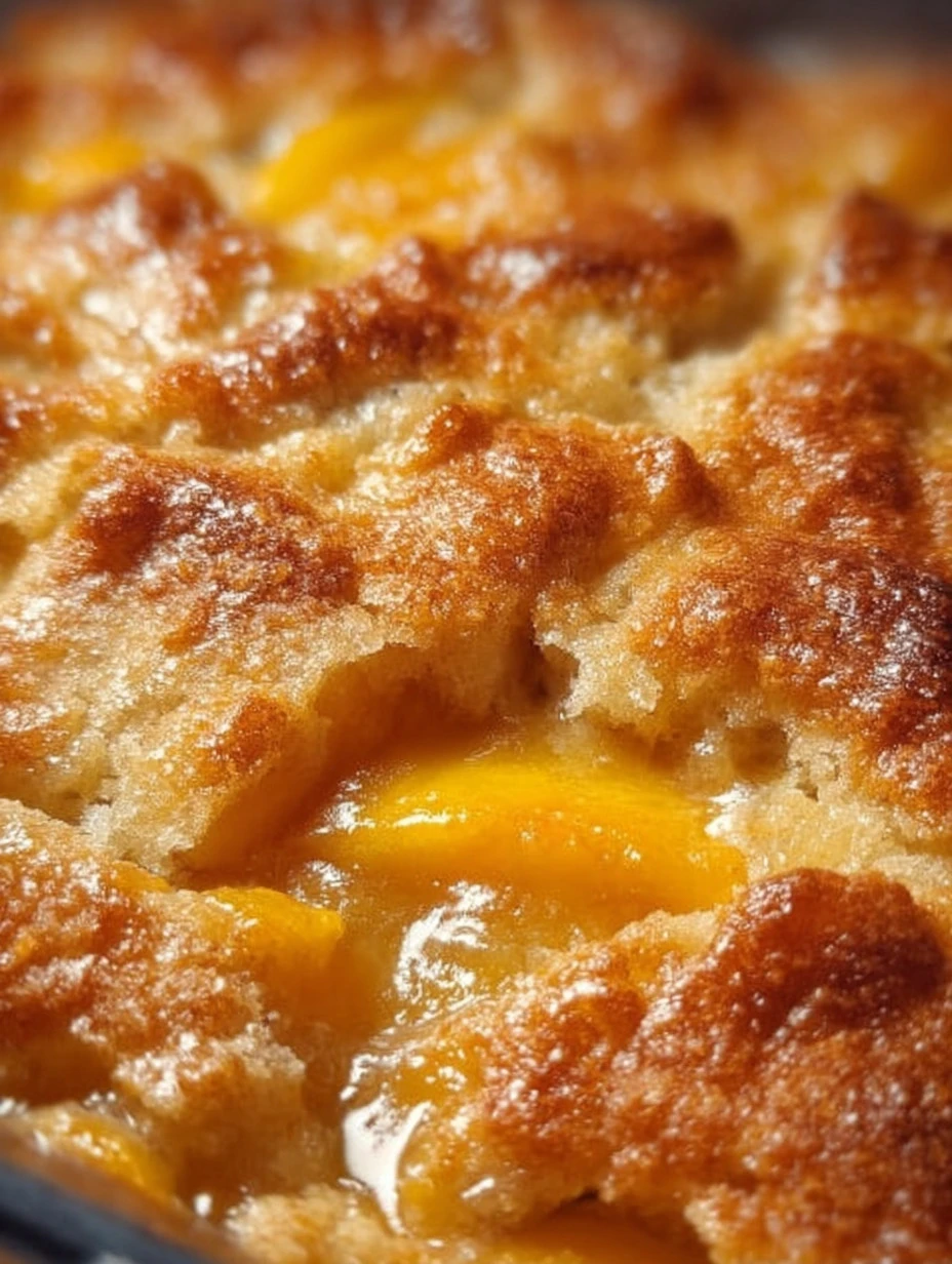Delicious Old Time Oven Peach Cobbler in a rustic baking dish