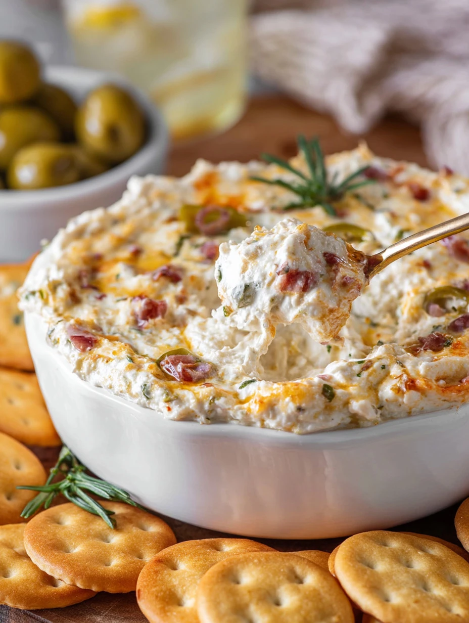 A bowl of homemade olive dip served with fresh veggies and crackers.