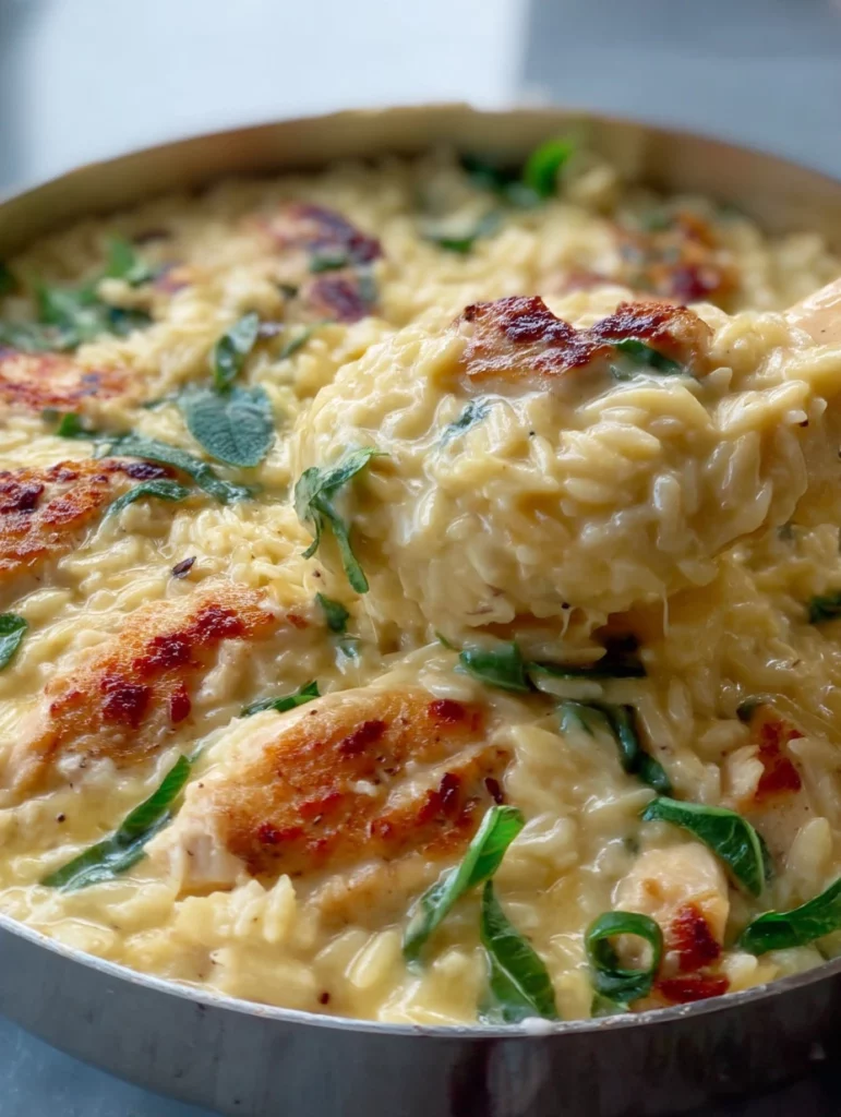 One Pan Creamy Chicken and Orzo dish served in a skillet