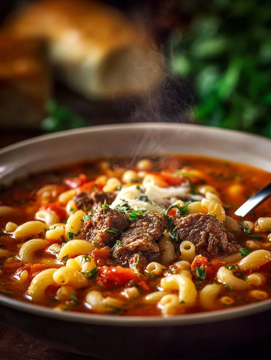 A bowl of One Pot Beef and Tomato Macaroni Soup with fresh herbs and macaroni.