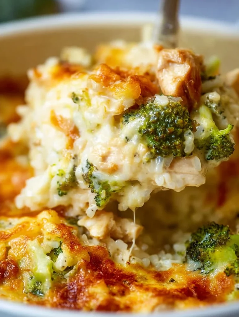 One Pot Broccoli Chicken Rice Casserole with vegetables and chicken in a baking dish
