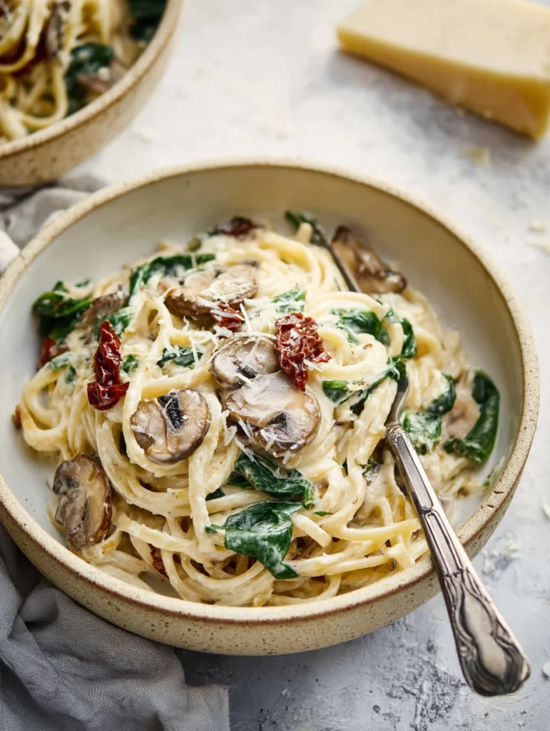 One Pot Creamy Chicken Mushroom Florentine dish served in a bowl