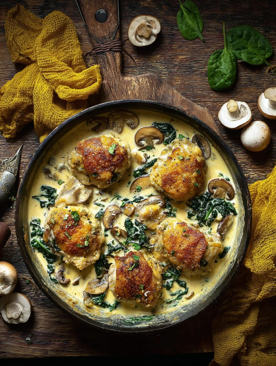 One-Pot Creamy Spinach and Mushroom Chicken beautifully plated with fresh ingredients.