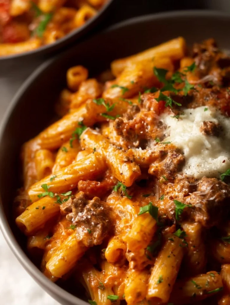 One pot creamy tomato beef pasta served in a bowl with fresh basil.