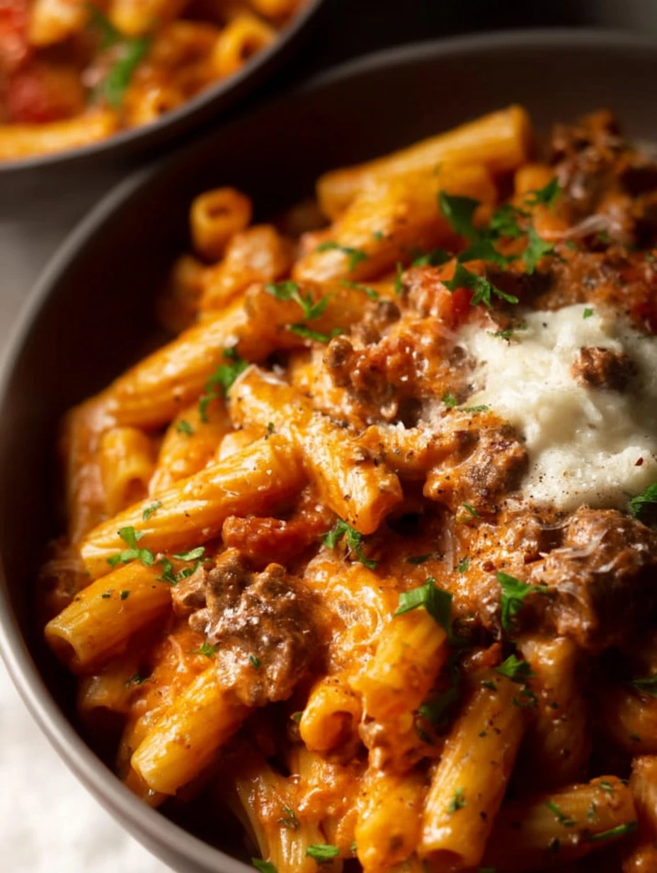 One pot creamy tomato beef pasta served in a bowl with fresh basil.