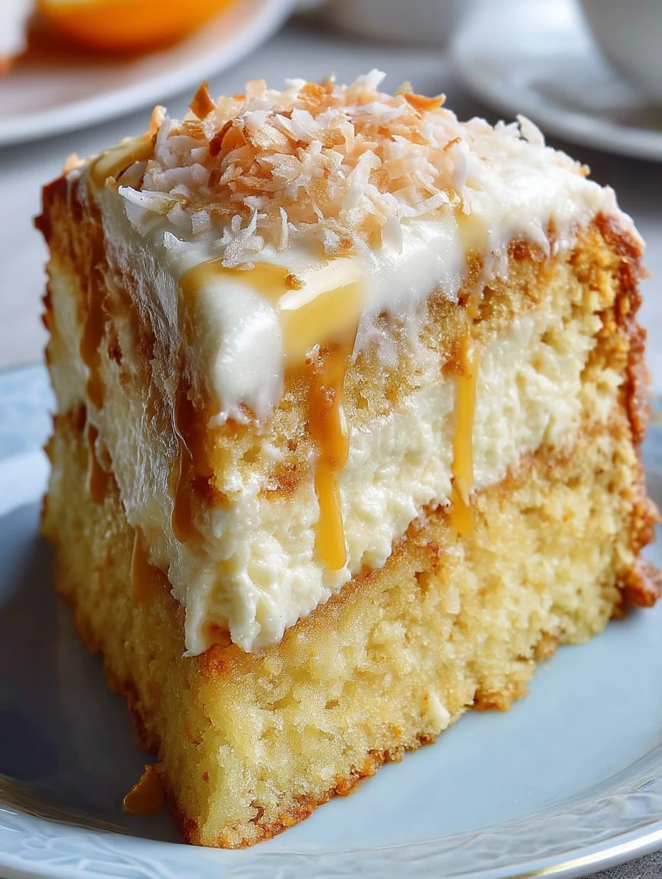 Slice of orange coconut cake with fresh orange slices and coconut flakes