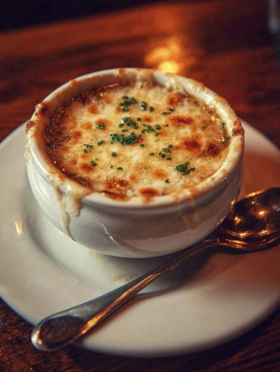 Bowl of Outback Steakhouse Walkabout Onion Soup topped with melted cheese