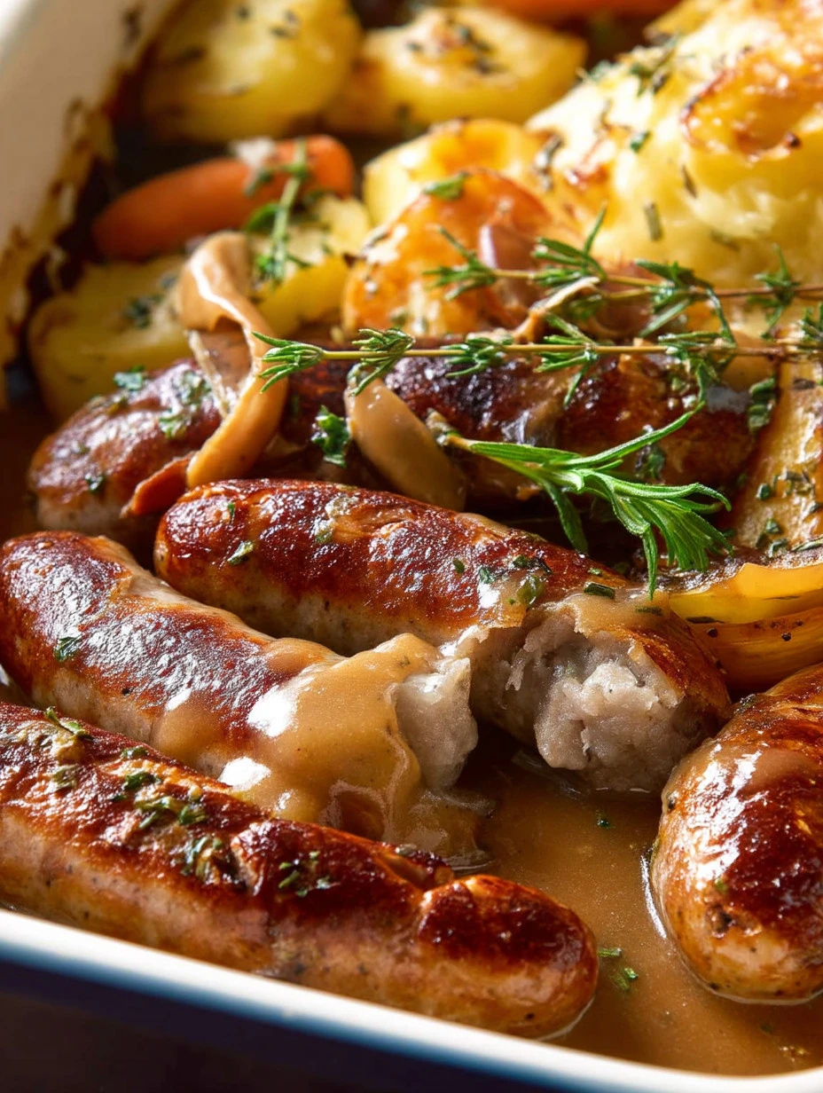 Oven baked sausages with potatoes and vegetables served in gravy