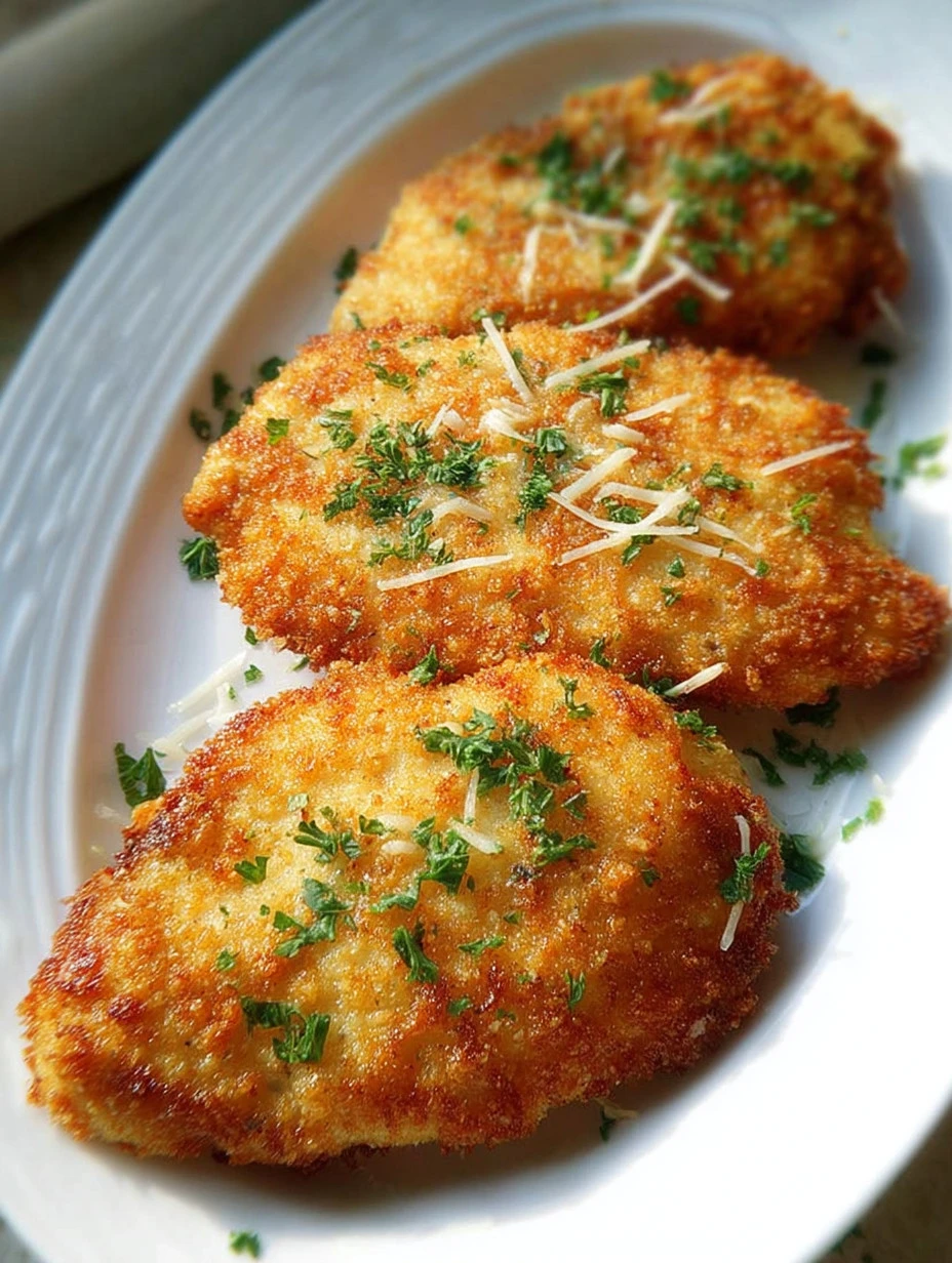 Parmesan Crusted Chicken garnished with herbs on a white plate