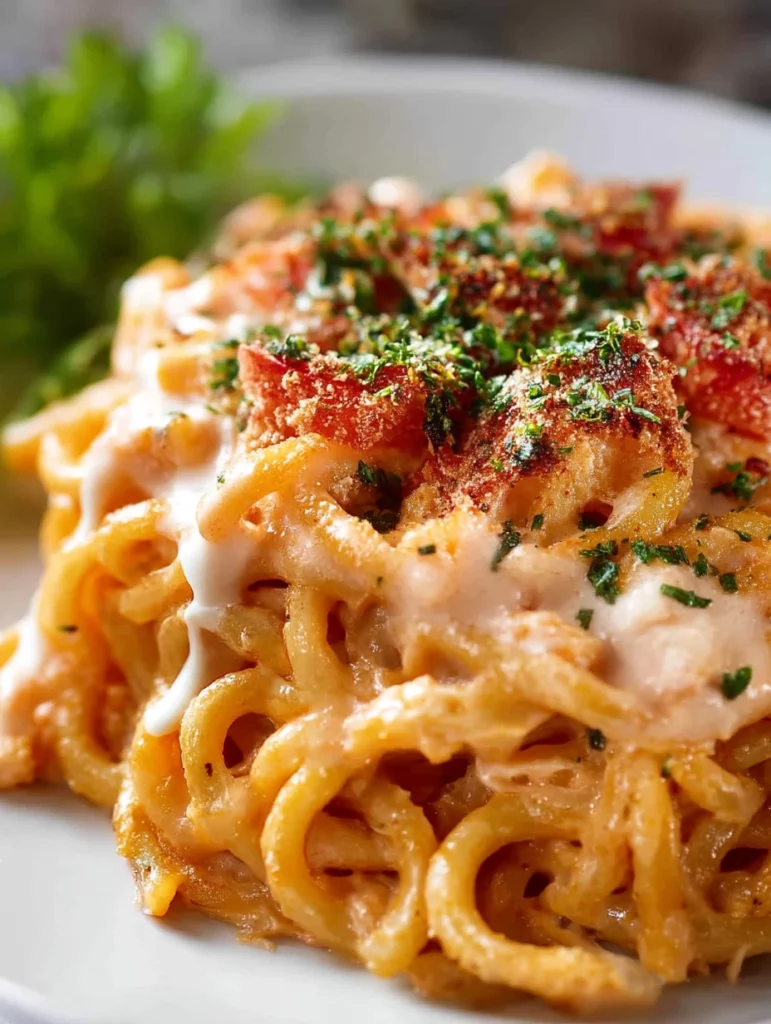 Plate of pasta with tomato cream sauce garnished with fresh herbs.