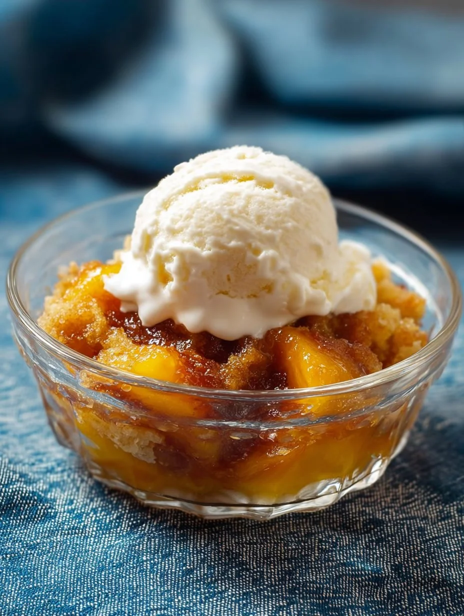 Delicious Peach Cobbler Dump Cake served in a bowl with fresh peaches on top.