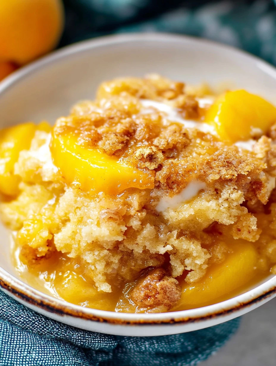 Delicious Peach Cobbler Dump Cake topped with ice cream and fresh peaches