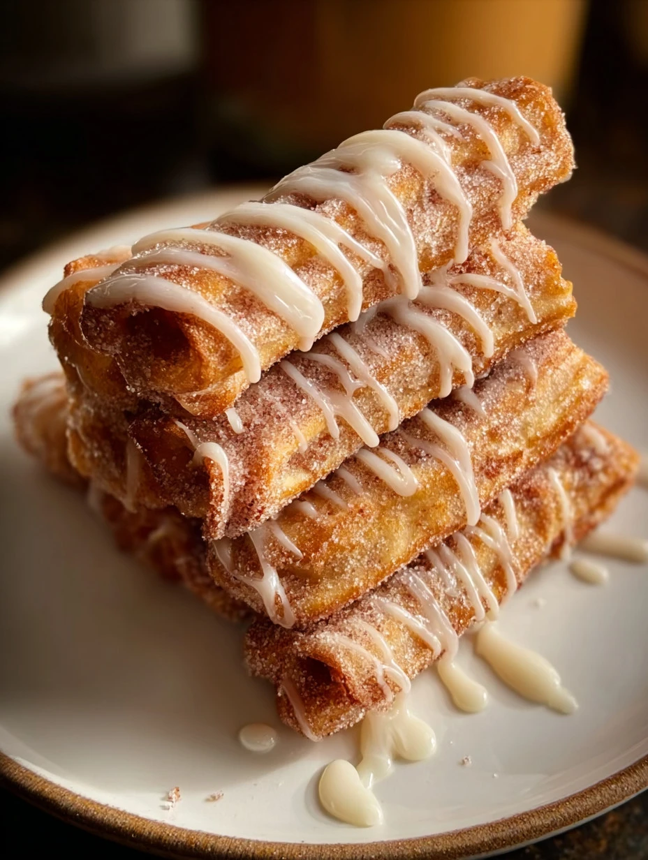 Delicious Peach Cobbler Egg Rolls served with a scoop of vanilla ice cream