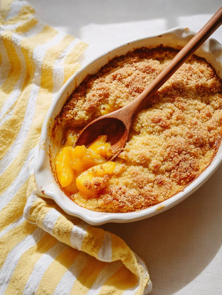 Delicious Peach Dump Cake with golden topping and fresh peaches.