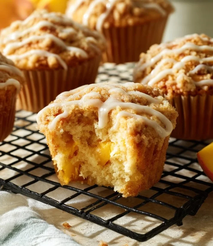 Freshly baked peach muffins with ripe peaches and golden brown tops