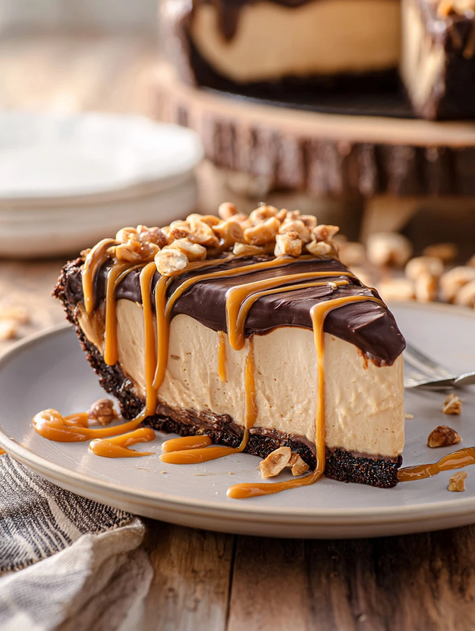 Delicious and creamy Peanut Butter Cheesecake topped with chocolate drizzle.