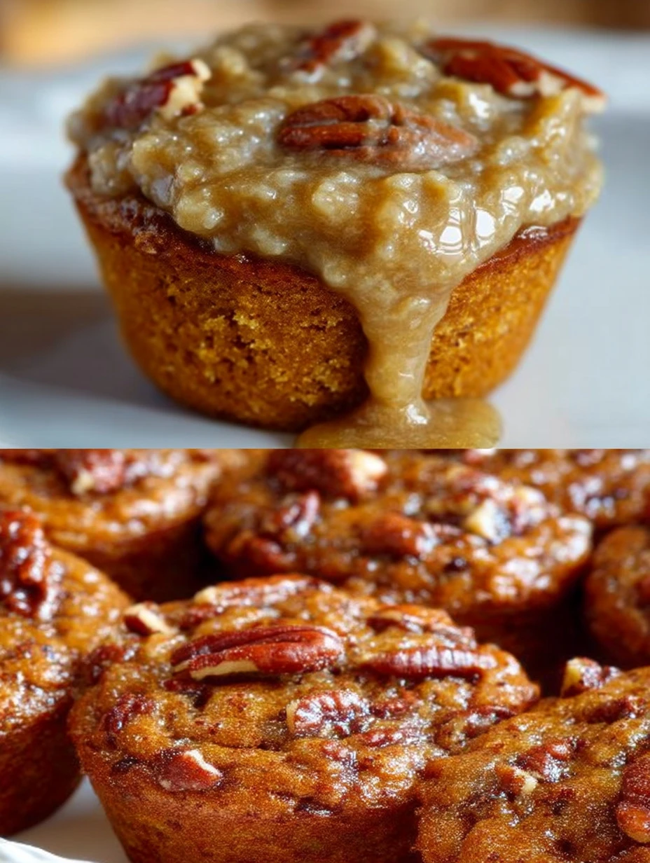Freshly baked pecan pie muffins topped with pecans and drizzled with caramel
