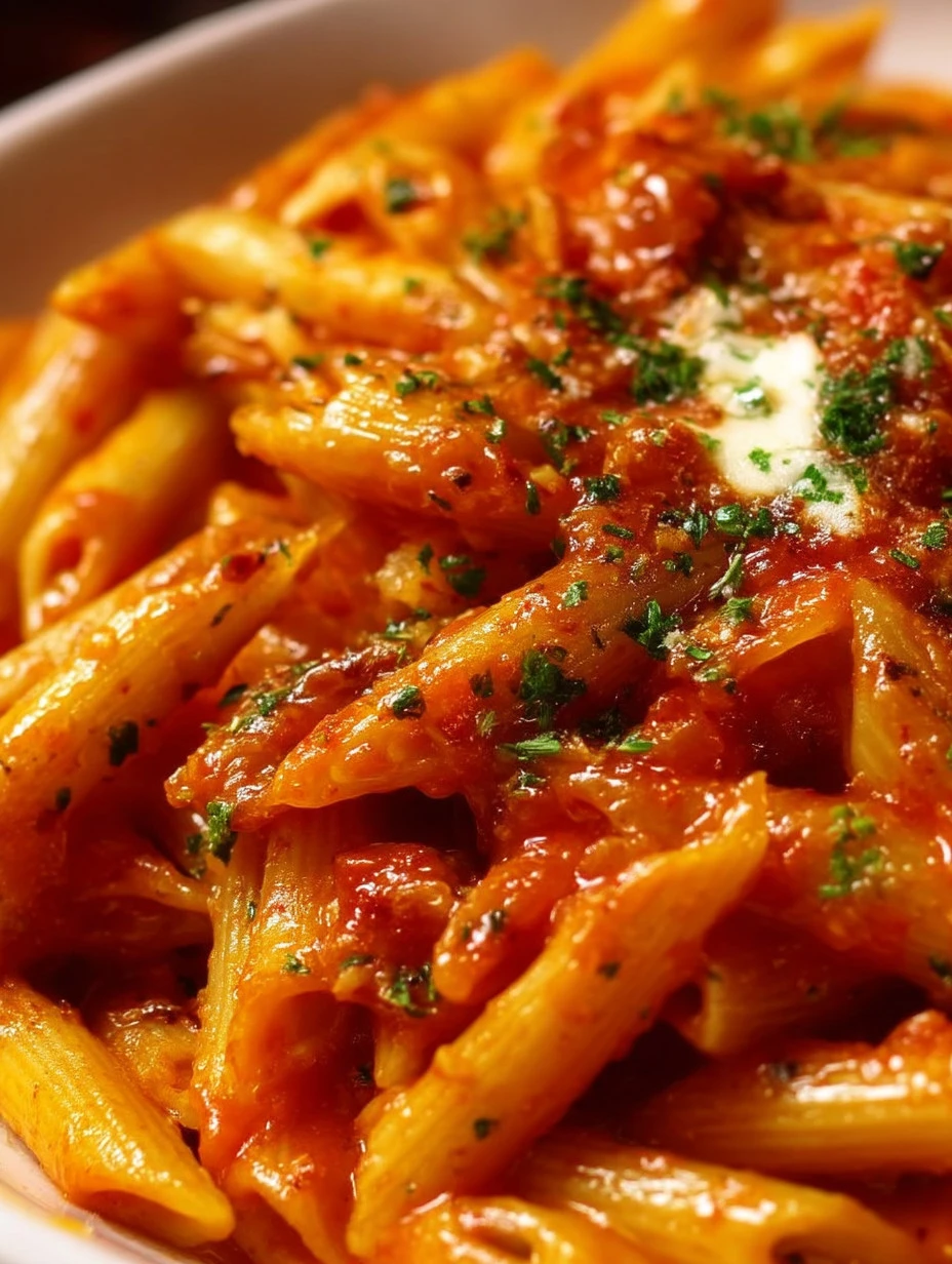 Penne in a Rage spicy tomato pasta dish topped with herbs and chili flakes