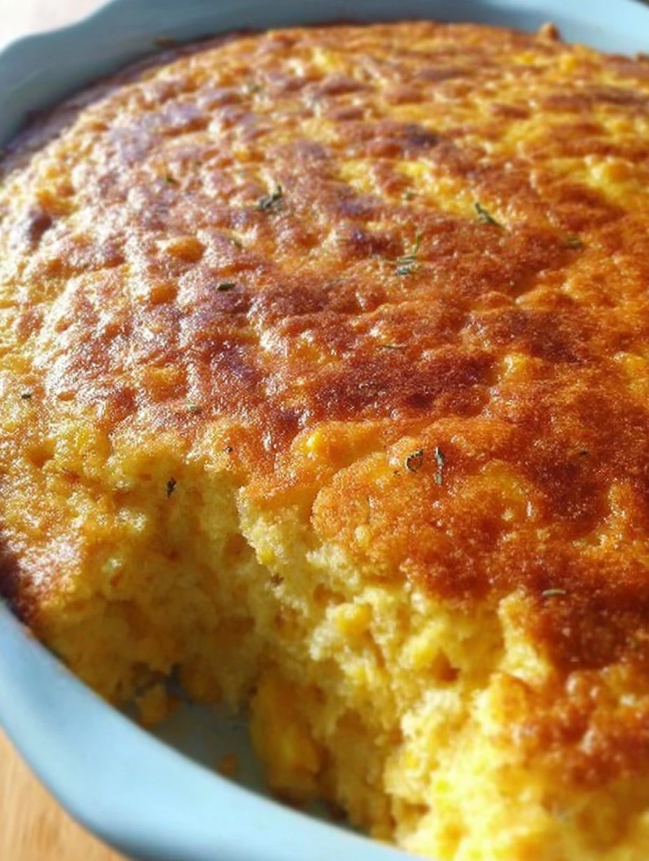 Delicious corn casserole served in a baking dish, golden brown and creamy.