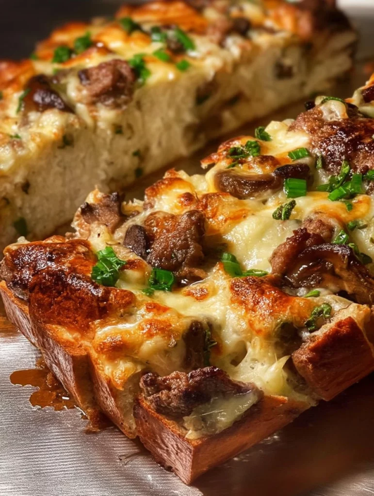 Philly Cheese Steak Cheesy Bread topped with melted cheese and beef.