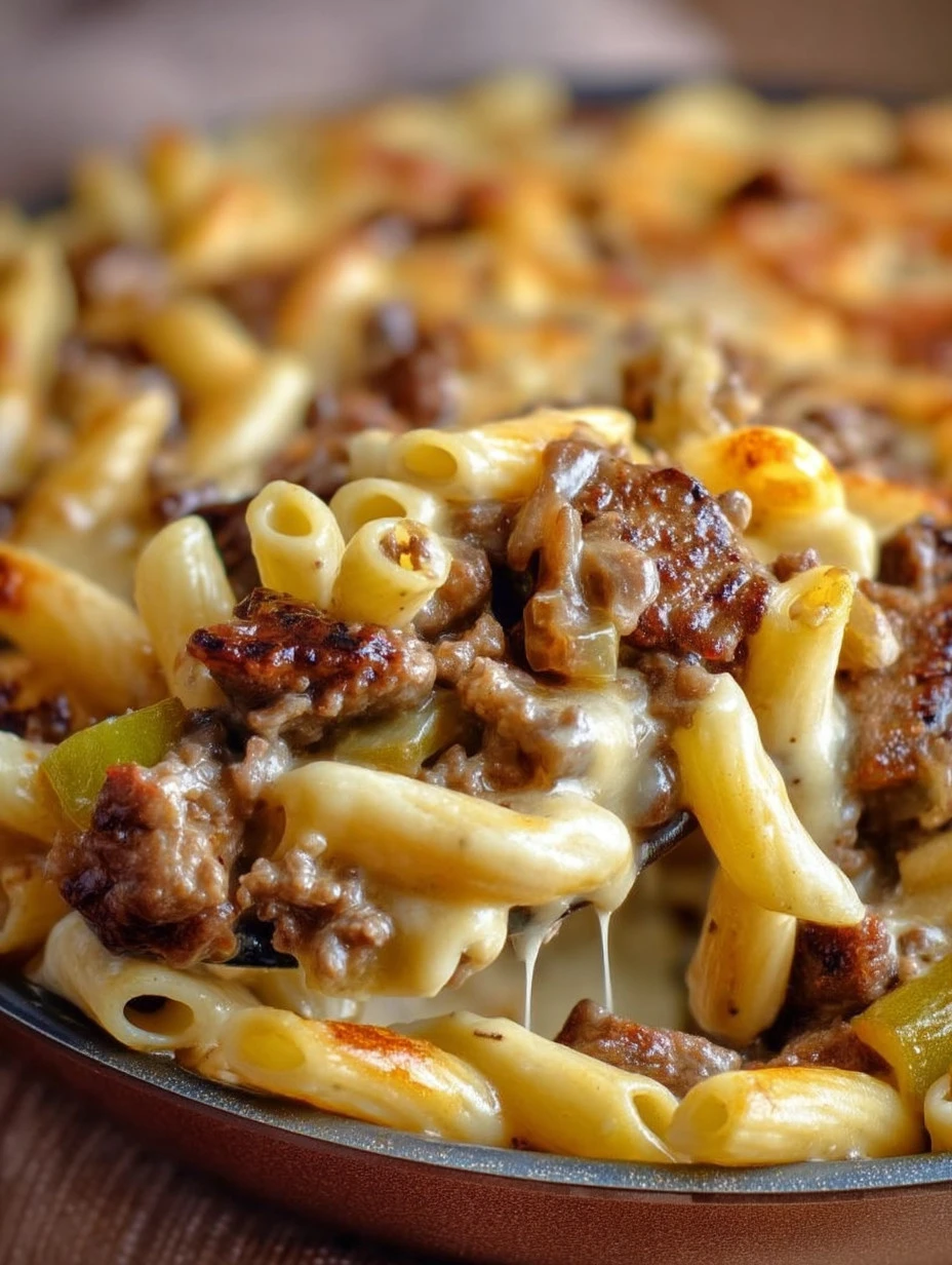 Delicious Philly Cheesesteak Pasta topped with melted cheese and sautéed peppers.