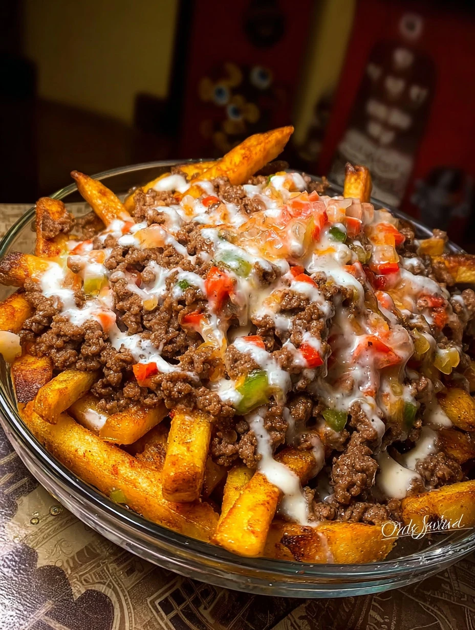 Delicious plate of Philly Steak Cheese Fries topped with melted cheese and tender steak.