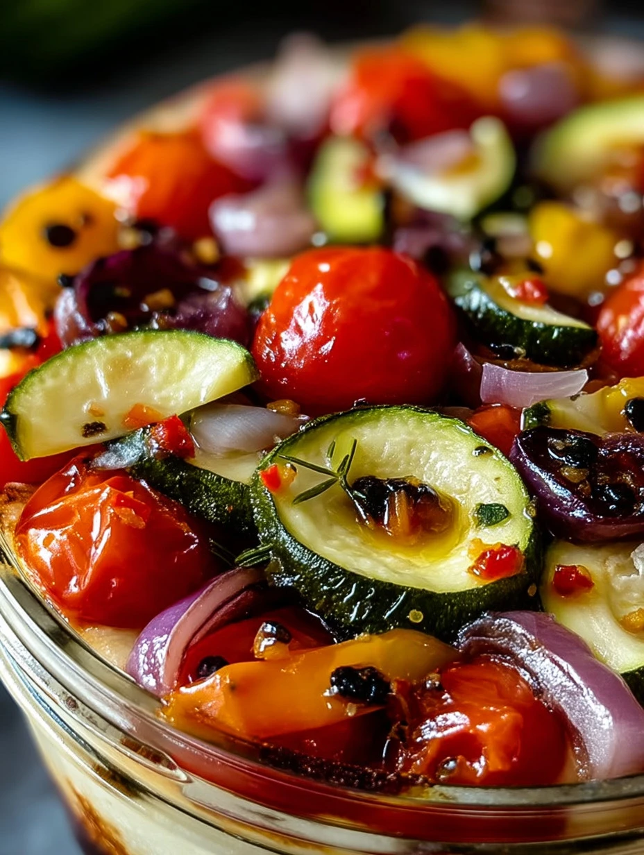 Jar of pickled cherry tomatoes, red onions, and zucchini on a kitchen counter.